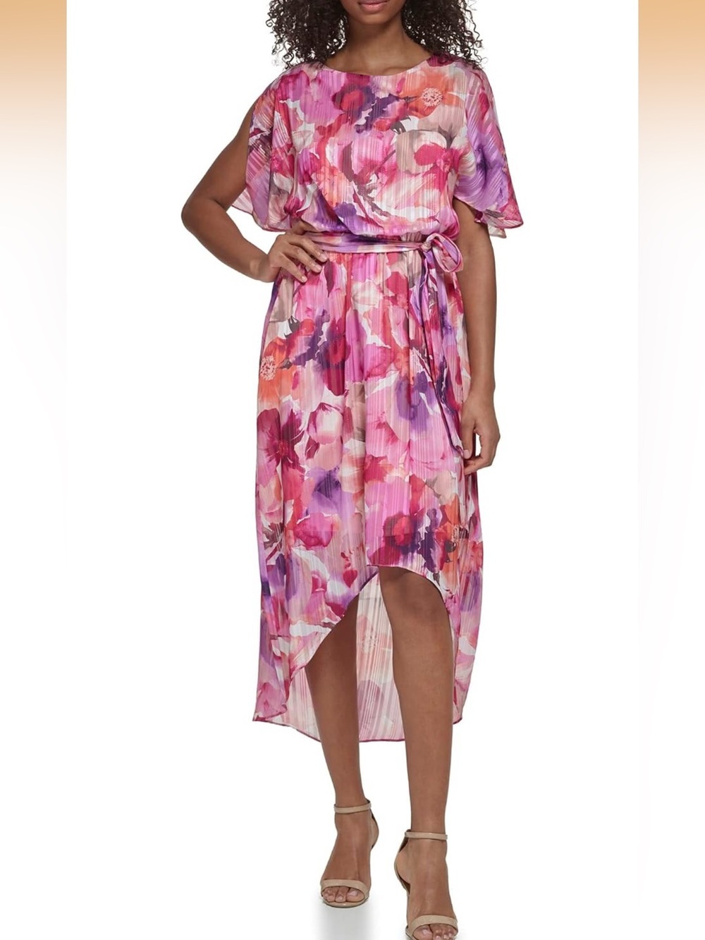 Floral Hi-lo Midi Dress Short Sleeve Chiffon Lurex Cocktail 14P. 2099/DC2-1